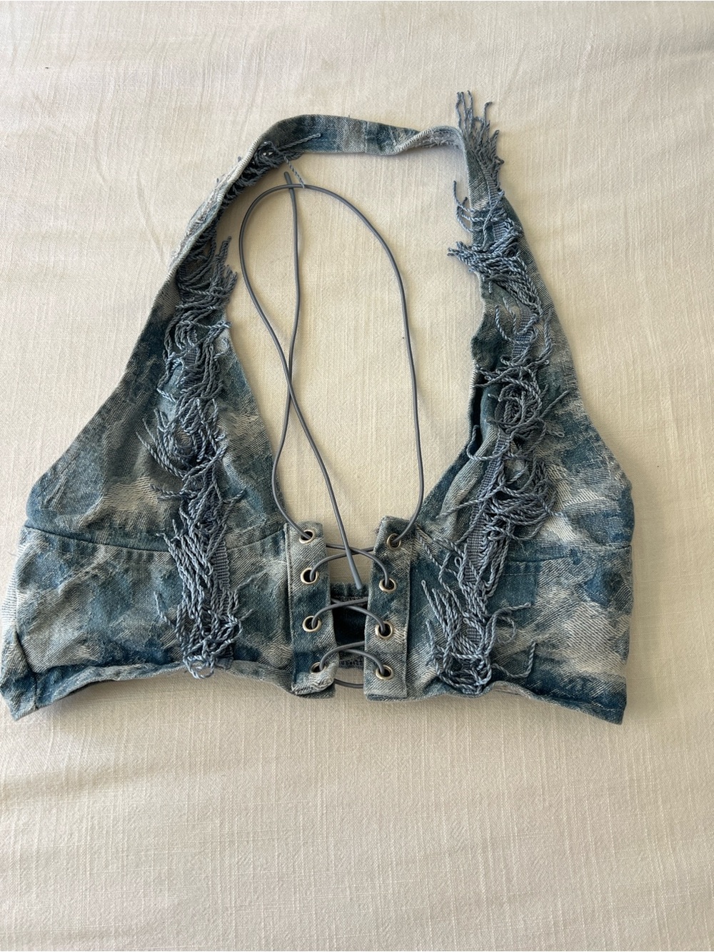 Western fringe denim halter crop top